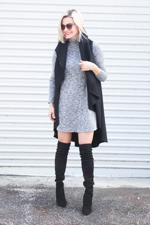 chelsey-wearing-grey-turtleneck-swing-dress-Ivanka-Trump-Boots