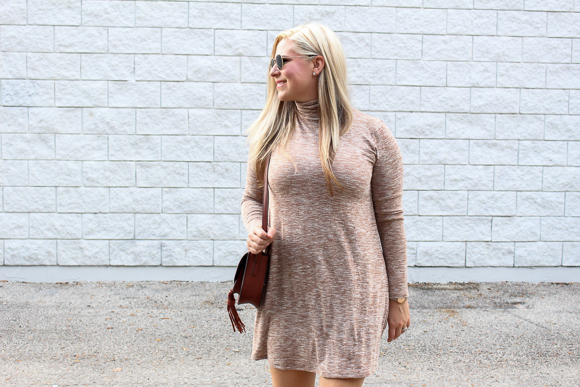 Jocelyn from Not Necessarily Blonde wearing a forever21 tan swing dress